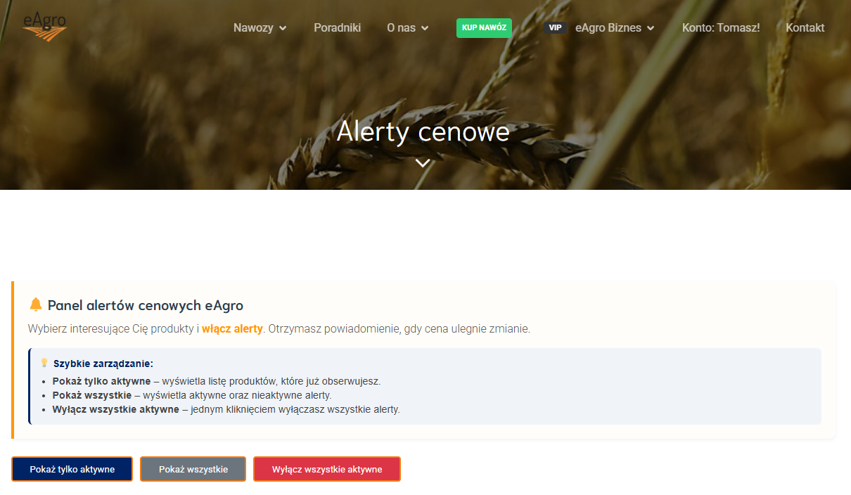 Panel alertów cenowych na eAgro.pl